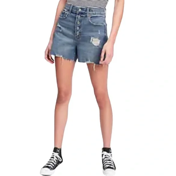 Gap High Rise Exposed Button Fly Distressed Denim Shorts Size 25 - Picture 1 of 4
